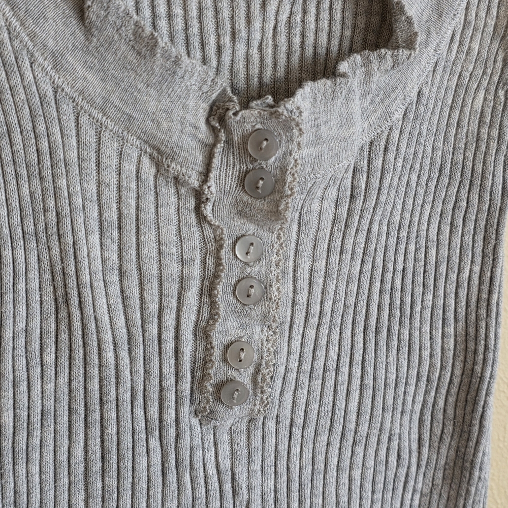 Moda International Feather Weight Ribs Gray Ribbed Henley Tank with Ruffle Trim - Picture 4 of 8